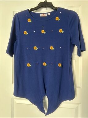 Quacker Factory Royal Blue Short Sleeve Top with Sunflower Embroidery